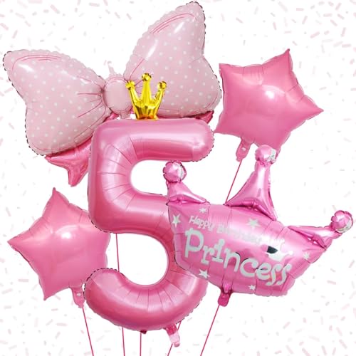 5Th Birthday Decorations For Girls, Pink 5Th Birthday Balloon Set With 40 Inch Pink Number 5, Large Helium Foil Mylar Crown Balloon, Pink Bow Foil Balloons For Baby Girl Daughter First Birthday Party