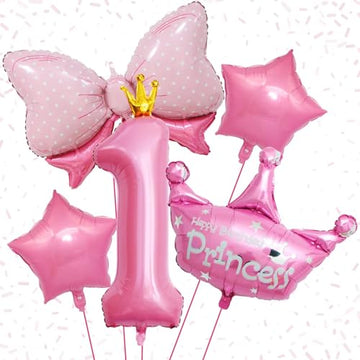 1St Birthday Decorations For Girls, Pink 1St Birthday Balloon Set With 40 Inch Pink Number 1, Large Helium Foil Mylar Crown Balloon, Pink Bow Foil Balloons For Baby Girl Daughter First Birthday Party
