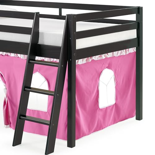 Roxy Twin Wood Junior Loft Bed - Espresso With Pink And White Playhouse Tent, Secure Guardrails, Versatile Ladder, Machine Washa