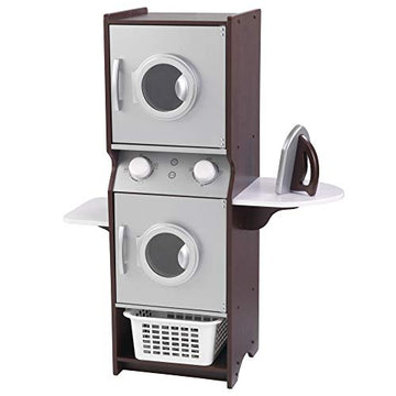 KidKraft Laundry Playset Children's Pretend Wooden Stacking Washer and Dryer Toy with Iron and Basket, Espresso, Gift for Ages 3