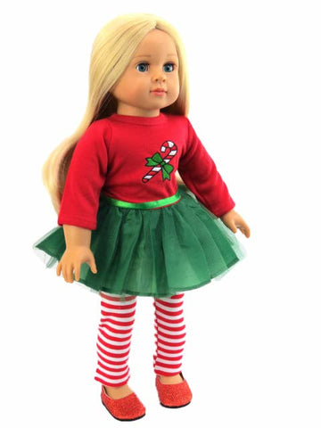 American Fashion World Candy Cane Tutu Dress Set for 18-Inch Dolls | Leggings Included |enhanced Quality & Trendy Design | Dolls Clothes | Outfit Fashions for Dolls for Popular Brands