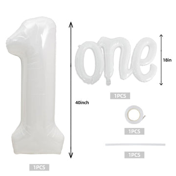 Toniful 40 Inch Giant White Number 1 Balloon,Mylar Foil Script Cursive Letter 1 Balloon Banner For Boys Girls Kids First Birthda