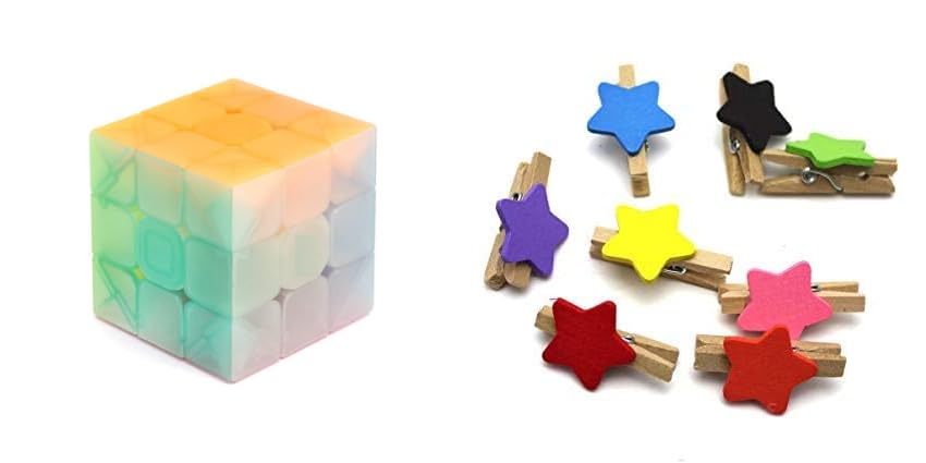 ManaBee 3x3 Jelly Edition Speedcube Puzzle Cube with Wooden Star Shape ClipsSet of 10 with Rope for Hanging Photos, Notes, Craf