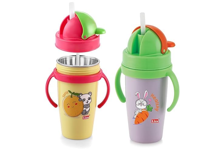 Zerya Gravity 2Pc Inner Stainless Steel Outer Plastic 360Ml BpaFree Cute Animal Design Baby Sipper Kids Water Bottle With Straw