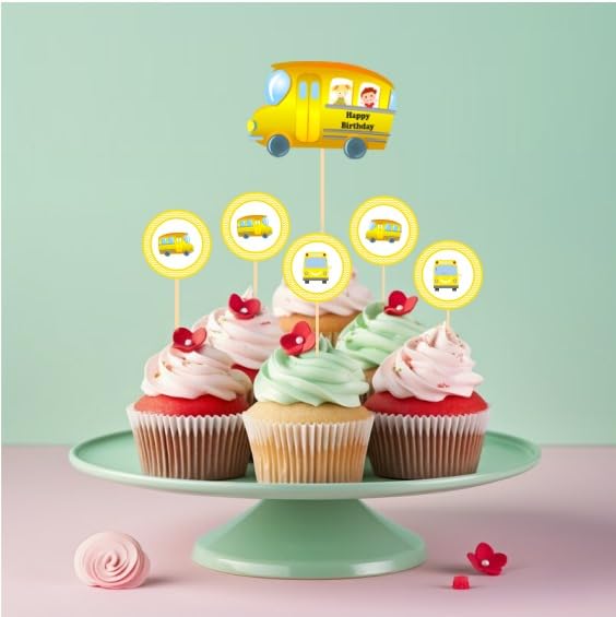 Untumble Wheels On The Bus Birthday Cake Topper & Cup Cake Topper Set (Pack Of 25)