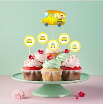 Untumble Wheels On The Bus Birthday Cake Topper & Cup Cake Topper Set (Pack Of 25)