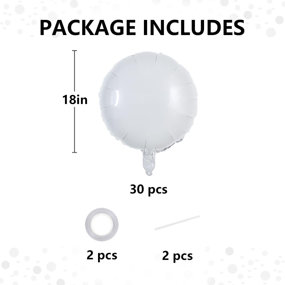 TONIFUL 30Pcs 18 Inch Large White Round Shape Foil Balloons Big White Circle Helium Mylar Ballons for Birthday Wedding Baby Show