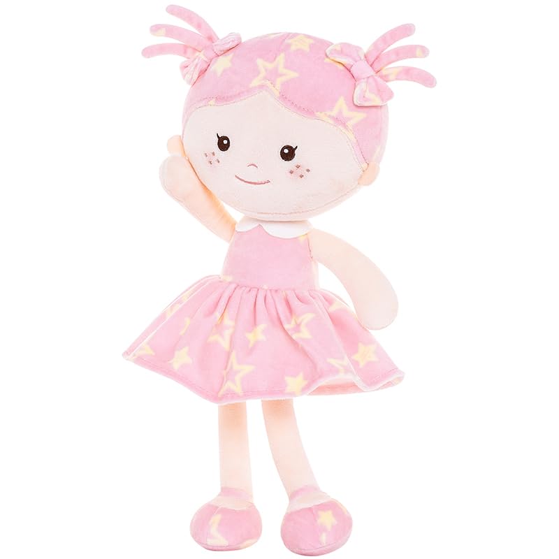 Onetoo First Baby Doll Plush Baby Girls Dolls Rag Doll Soft Baby Doll For Girls Sleeping Cuddle Buddy Doll Wear Star Pink Sleeveless Dress 14'