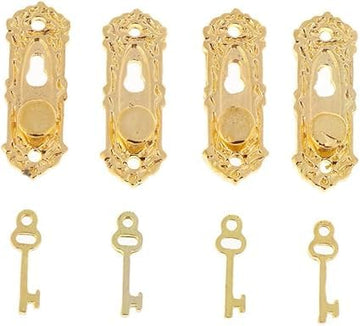 4 Set Gold 1/12 Miniature Door Knob Lock And Key Dollhouse Decoration Accessories