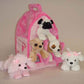 Plush Pink Dog House With Dogs - Five (5) Stuffed Animal Dogs In Pink Play Dog House Case