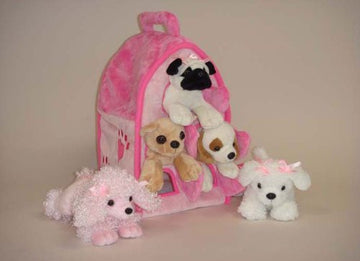Plush Pink Dog House With Dogs - Five (5) Stuffed Animal Dogs In Pink Play Dog House Case