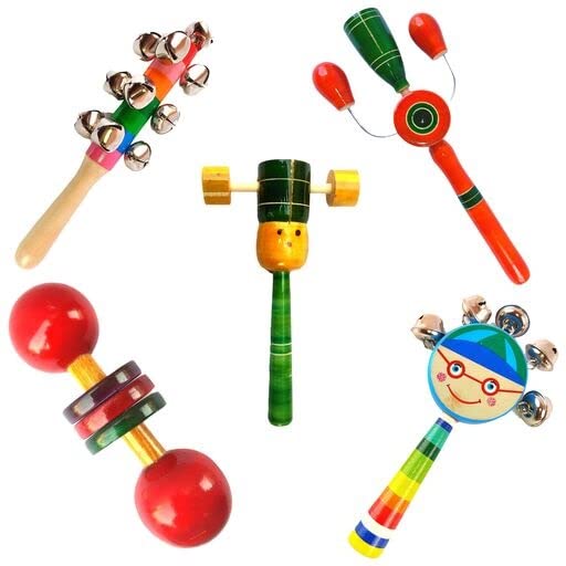 Little Mind Wooden Baby Rattles Set Of 5 Natural Sensory Toys For Newborns & Infants 012 Months  Safe Teething, Sound Discover