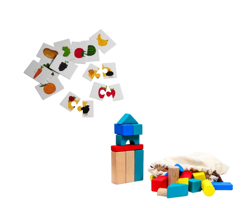DBeb Build & Puzz Playtime Set  Paper Vehicles, Fruit & Veg Puzzles + 48 Wooden Blocks | EcoFriendly Montessori Toys For Toddl