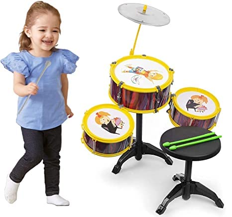 Morges Playing Beats Musical Drum Set Toy With 3 Drum 2 Sticks And Chair For Kids Boys And Girls
