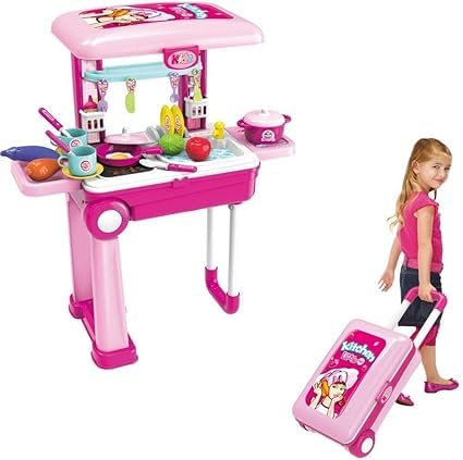 Little Chef 2 in 1 Kitchen Play Set, Pretend Play Luggage Kitchen Kit for Kids with Suitcase Trolley Carrycase with Sound  Ligh