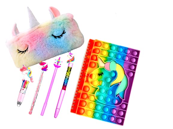 Sv Traders Unicorn Stationery Set For Girls/Kids/Boys School Supplies Set Of 7 PcsUnicorn Fur Pouch+Unicorn A5 Size Popit Dairy