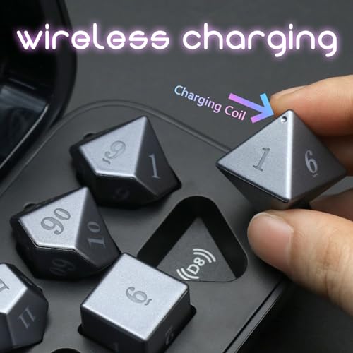 Wireless Charging LED Dice, DND Dice Rechargeable with Charging Box, ZHOORQI 7 PCS Light up Dices for Dungeons and Dragons RPG (