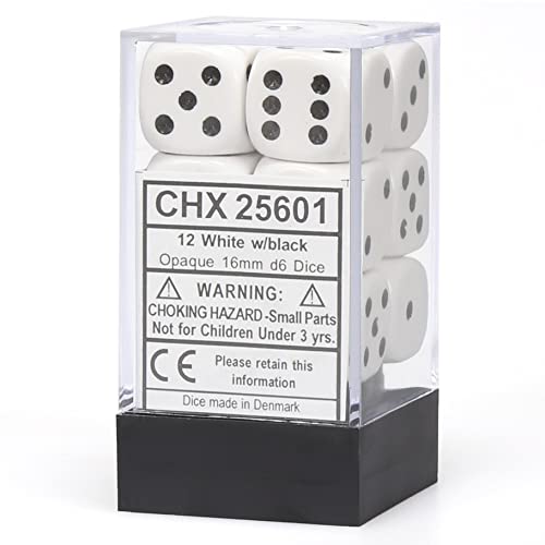 chessex Manufacturing 25601 Opaque White With Black - 16 mm Six Sided Dice Set Of 12