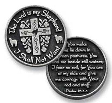 Three (3) Pewter The Lord Is My Shepherd I Shall Not Want - Pocket Prayer Tokens - Psalm 23 - 1'' Metal Coins - Inspirational Gi