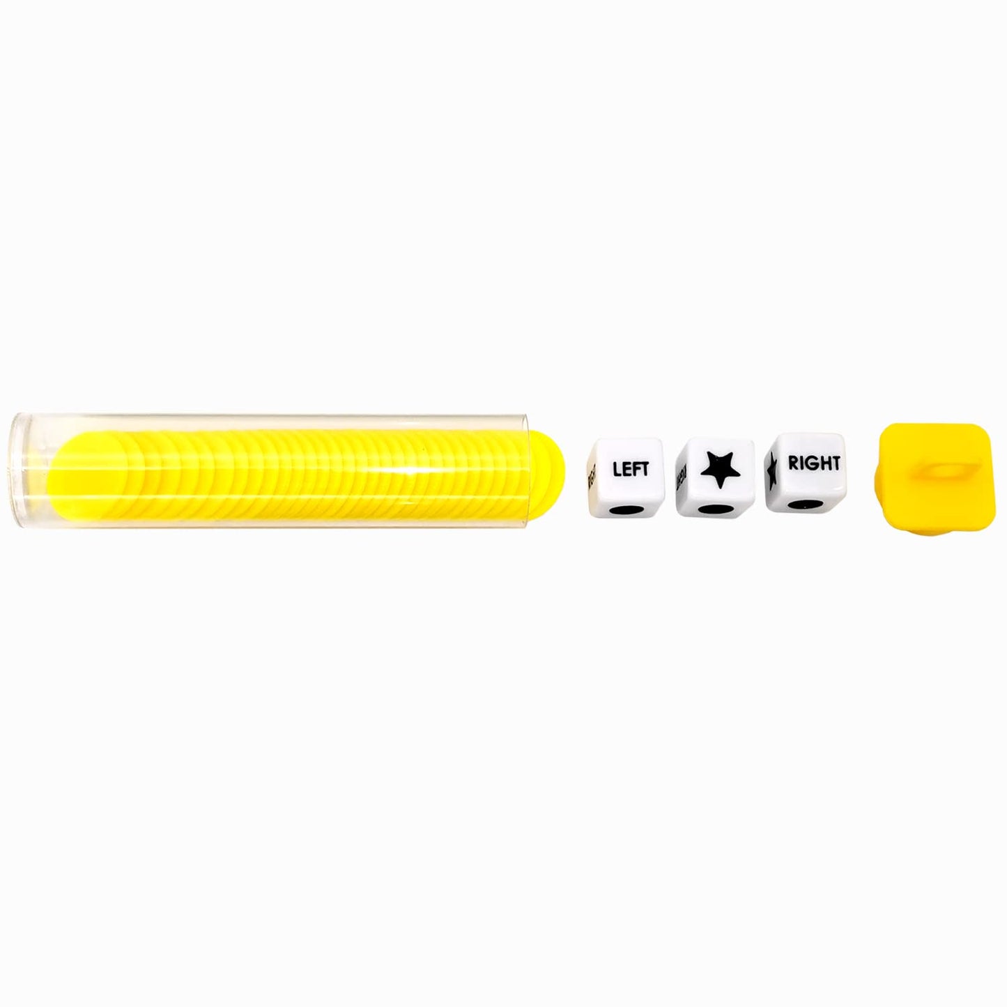 Ahoper Left Right Center Dice Game Prime Set Bundle With 3 Dices + 36 Chips. Round Tube Storage Is Very Convenient For Travel. Easy To Store, Carry Around. (Yellow)