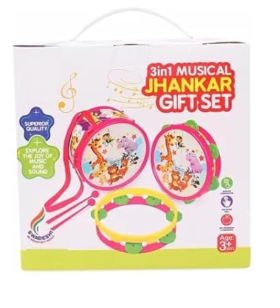 Toyxiity Mall 3 In 1 Musical Jhankar Gift Set Junior Fish Printed Drum Dafli Toy Musical Instrument With 2 Mallets For Kid Perfe