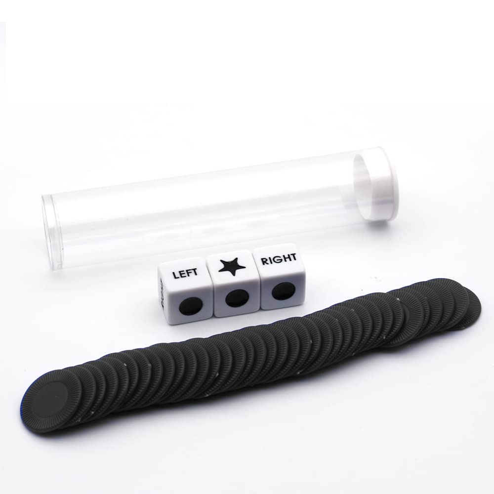 Spidfee Rigth Left Center Dice Game Set With 3 Dices + 36 Chips, Black Chips