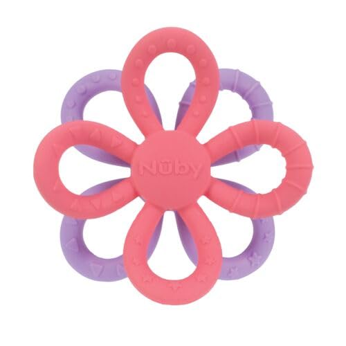 Nuby Fun Loops Teether - Flower-Shaped Infant Teething Toy for Babies - 3+ Months - Pink and Purple
