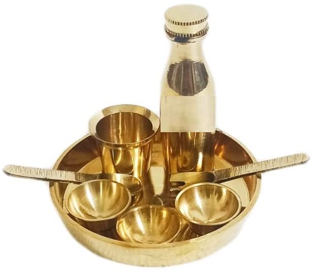 Tirtha Enterprises Brass Traditional Brass Palm Size Miniature Kitchen Toy Set, Golden, Dinner Set/Bhojan thali Miniature (Toy) 