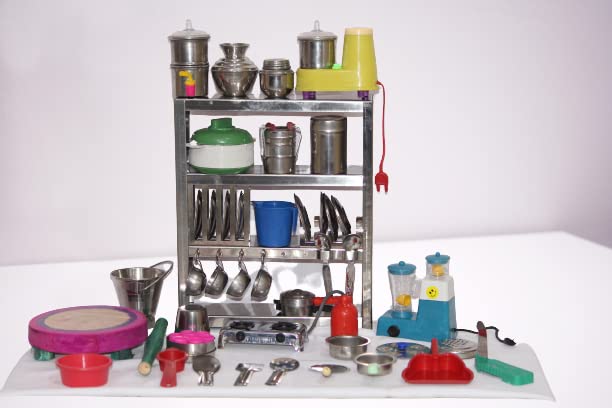 Miniature Steel Kitchen Toy Set bhatukali (Kids Toys) Best for Gift Pretend Play Sets Choppu Jaman with Stainless Steel Rack Sof