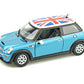 KiNSMART Mini Cooper S 5'' 1:28 Scale Die Cast Metal Model Toy Car British Flag Blue w/Pullback Action