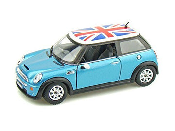 KiNSMART Mini Cooper S 5'' 1:28 Scale Die Cast Metal Model Toy Car British Flag Blue w/Pullback Action