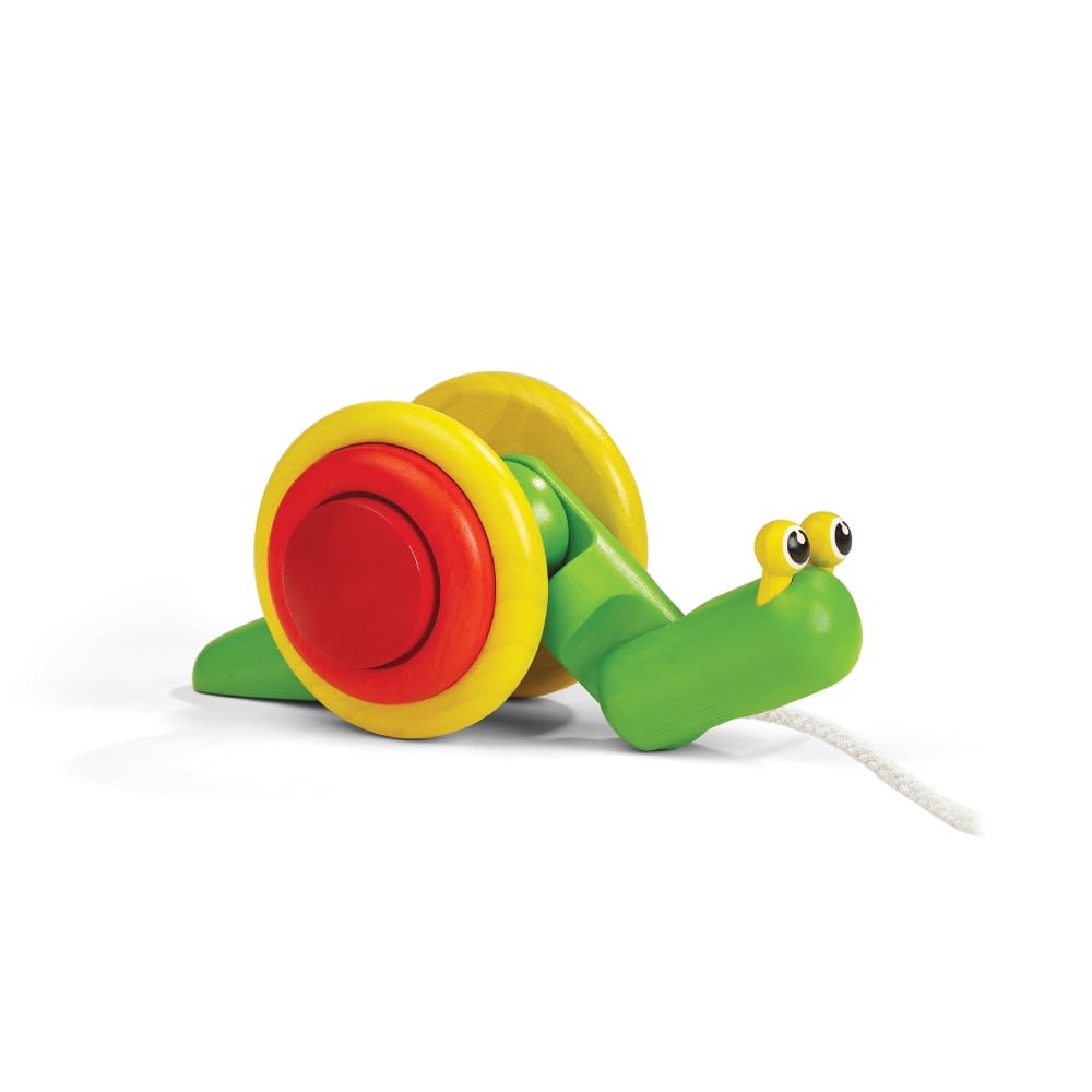 PlanToys Wooden Pull Along Snail Pull Toy (5108) | Sustainably Made from Rubberwood and Non-Toxic Paints and Dyes