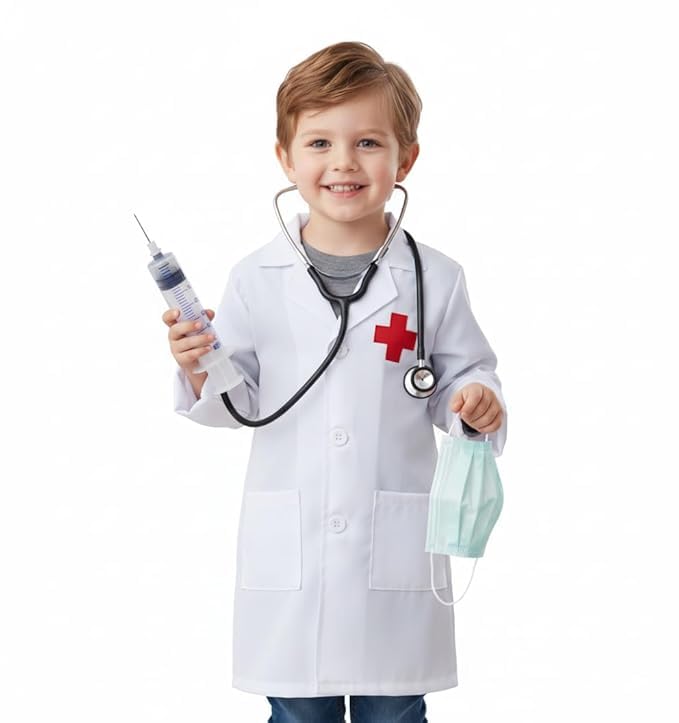 QuickBazaar Kids Doctor Dress Costume With Injection, Mask, Stethoscope | Fancy Dress Costume For Kids (DOCTOR, 56 Years)