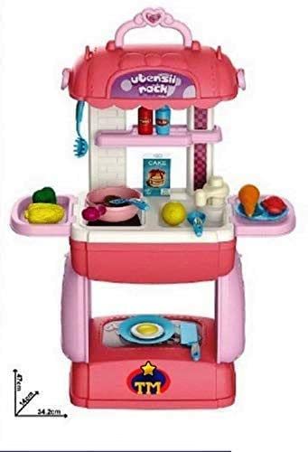 BLUEBELL 3 in 1 Kitchen Set for Kids 3 in 1 Multi Function Pretend Mobile Kitchen Play Set with Portable Suitcase Design for Gir