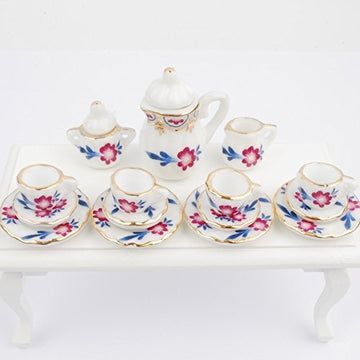 NW 1 Set 15 Pieces 1:12 Ceramics Tea Cup Set Lovely Dollhouse Decoration Set Dollhouse Kitchen Accessories(#8)