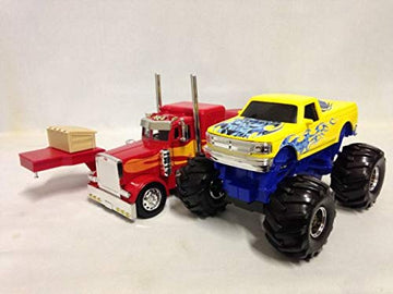 New-Ray New 1:32 Newray Truck & Trailer Collection - Red Peterbilt Model 379 Lowboy With Monster Truck Diecast Model Toys