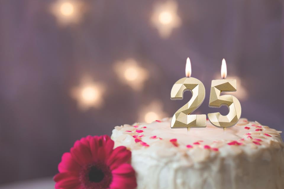 2 inch Gold 25 & 52 Birthday Candles, 3D Diamond Number 25th & 52nd Cake Topper for Men Women Birthday Party Decorations Theme P