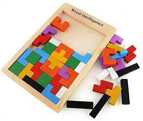 SANTALON Tetris Puzzles for Kids, Wood Intelligence Brain Games Building Blocks 40 Pcs Tangram Jigsaw Teasers Educational Toy, C