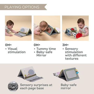 Taf Toys Tummy Time Sensory Book With Crinkle Pages & Soft Textures, High Contrast Patterns, Baby-Safe Mirror For Newborns And I