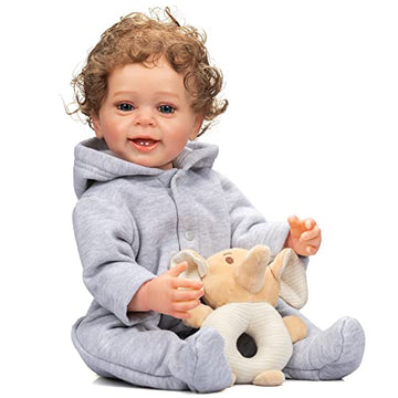 Roshuan Reborn Baby Boy 22 Inch Anatomically Correct Baby Boy Doll Silicone Full Body Realistic Boy Toddler Baby Dolls Curly Hair With Teeth For Boys Girls Gift