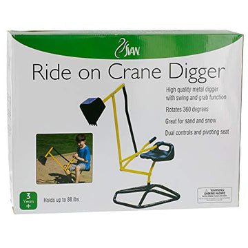 Ride On Crane Digger W Stabilizing Base- Kids Outdoor Digging Excavator Play Toy Or Gift- Swing & Scooper Grab Function, Rotation Seat Goes 360 Degrees Around- Use In Backyard Sandbox, Dirt Or Snow