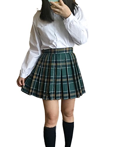 Girl'S School Uniform Plaid Pleated Costumes Skirts (M, Dark Green Mixed White)