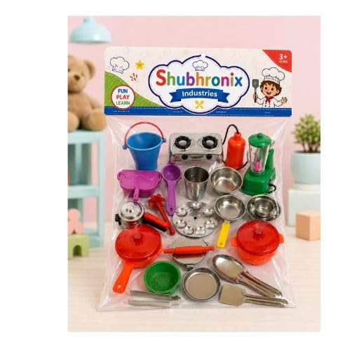 Shubhronix Kids Kitchen Set Toy, Multicolour, Plastic, with Stainless Steel Utensils, Pots, Pans and Accessories, for Ages 3+