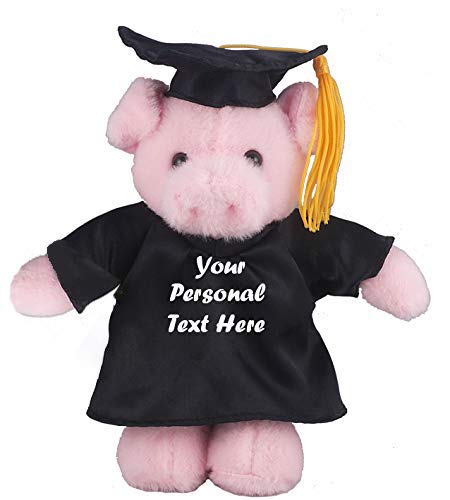 Plushland Plush Stuffed Animal Toys 12 Inches Present Gifts for Graduation Day  Personalized Text  Name or Your School Logo on Gown  Best for Any Grad School Kids (Graduation Pig Black Gown)