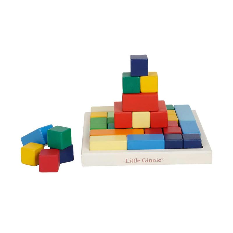 Little Ginnie Wooden Building Blocks Set For Kids  36 Colorful Stacking Blocks With Wooden Tray, NonToxic Paint, Enhances Fine