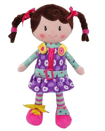 Sugar Snap Plush Doll For Toddlers Learn To Dress Montessori Toy - Dress Me Doll - Zipper, Snaps, Buttons, Buckle - Educational Toy For 2 3 Year Old Girl - Montessori Doll - 15' - Purple Dress