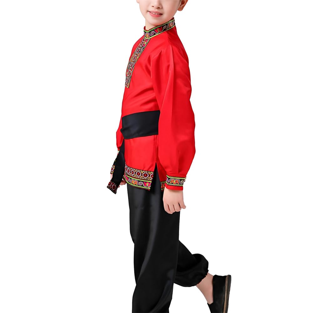 Boys 2 Piece Russian Dance Outfits Performance Costume Traditional Dancewear With Belt, Red, 120Cm