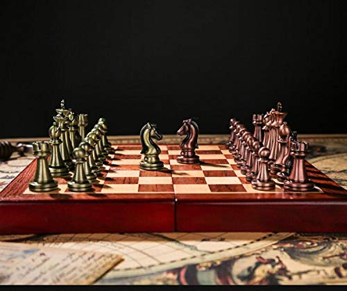 Agirlgle Retro Metal Chess Set - Folding Wooden Board, Classic Handmade Pieces, Bronze Finish - Ideal for Kids & Adults