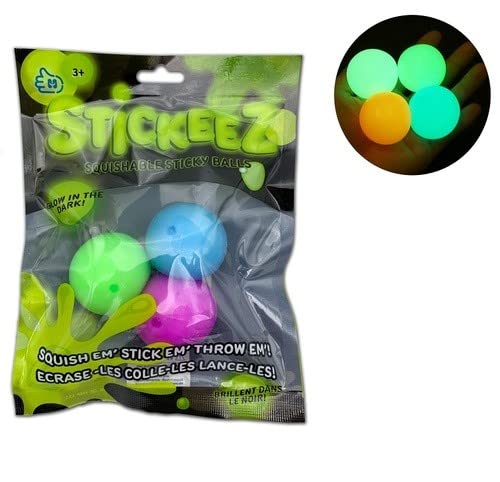 Stickeez 6 Pack Glow In The Dark Squishy Sticky Ceiling Balls - Assorted Luminescent Colors - 6Pcs Fun Glowing Stick On Wall Squ