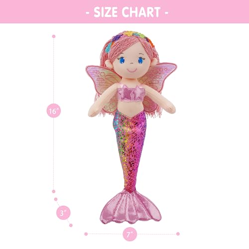 June Garden 16 Selina Pearl Mermaid Fairy Doll - Soft Plush Doll with Shimmery Wings & Sparkly Tail - Huggable Stuffed Toy Gift